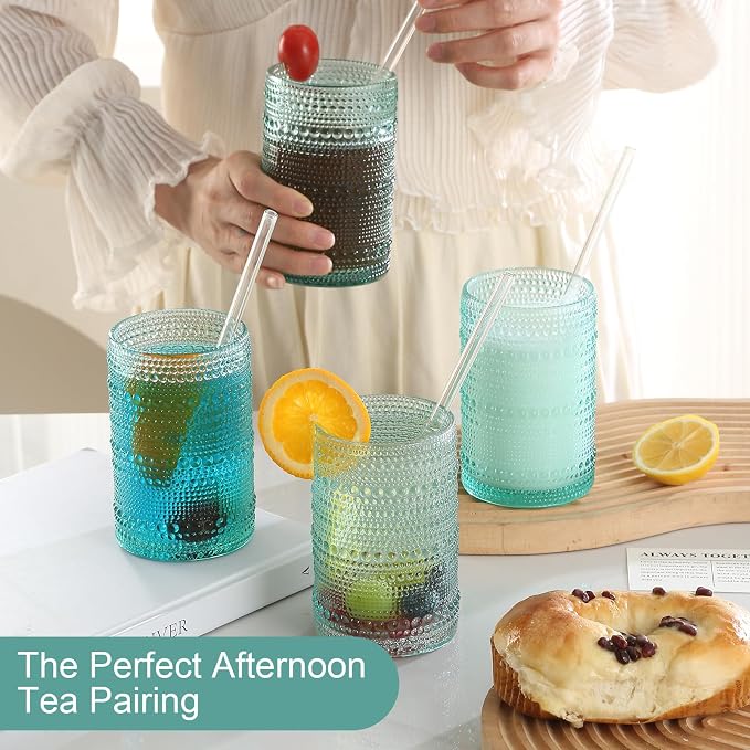 ZMOWIPDL Vintage Glassware Drinking Glasses Set of 12,Light Blue 12oz & 15oz Hobnail Glass Cups,Embossed Water Tumbler,for Beer,Cocktail,Whiskey,Juice and Various Mixed Drinks- 1 Cleaning Brush