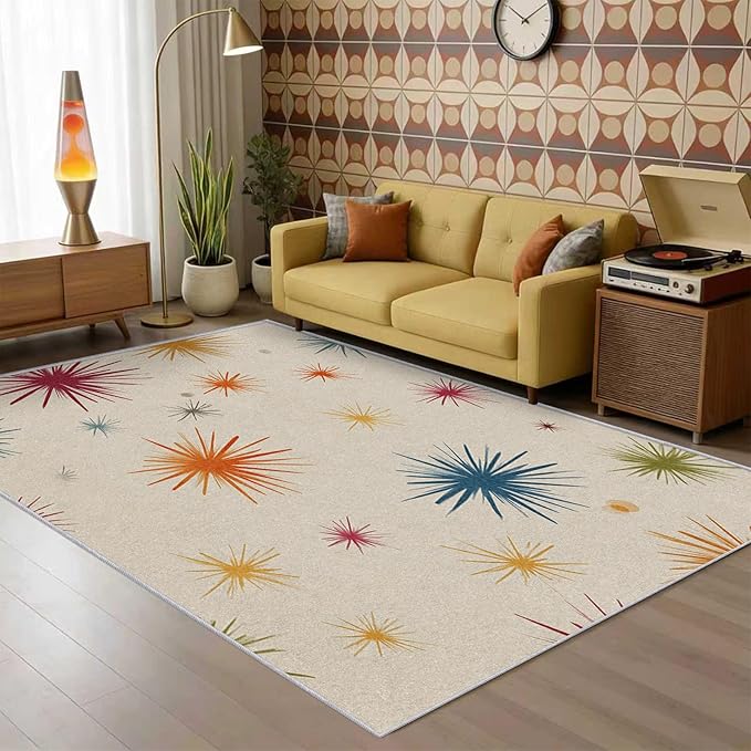 Mid Century Modern Rug 4x6 Starburst Atomic Retro 60s 70s Pattern Area Rugs for Living Room, Bedroom, Mid Century Modern Home Decor Accessories Indoor Carpet, Non Slip & Machine Washable