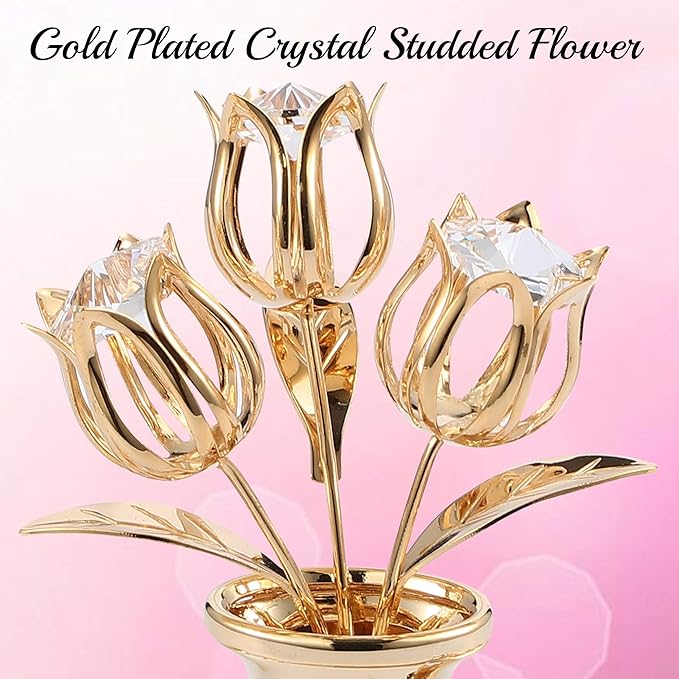 Matashi 24K Gold Plated Crystal Studded Flower Ornament in a Vase with Decorative Butterfly, Christmas, Mother's Day, Valentine's Gift, Tabletop Centerpiece (Clear Crystals)