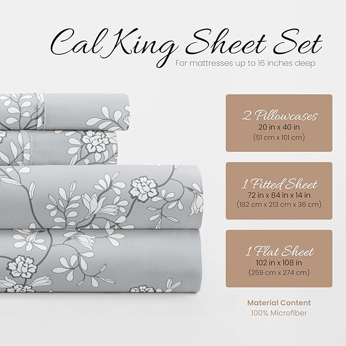 Linen Market Double-Brushed Patterned Microfiber California King Sheet Set 4 Piece – Oeko-TEX Certified Ultra Soft & Wrinkle-Free - 16" Deep Pocket Sheets Easy Care Cal-King Size - Trellis Vine Gray