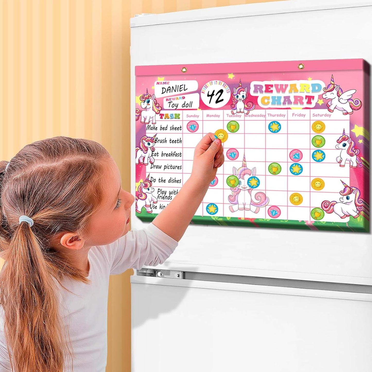 Skiennix Unicorn Magnetic Reward Chart for Kids - 26 Chore Charts & 2080 Star Stickers | Pink