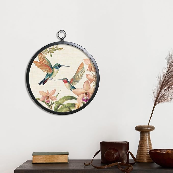 XIAOAIKA Vintage Wall Art with Metal Frame, Round Wood Print Featuring Hummingbirds and Orchid Flowers, Boho Wall Decor for Living Room, Bedroom, Kitchen, Hallway, 10 Inch