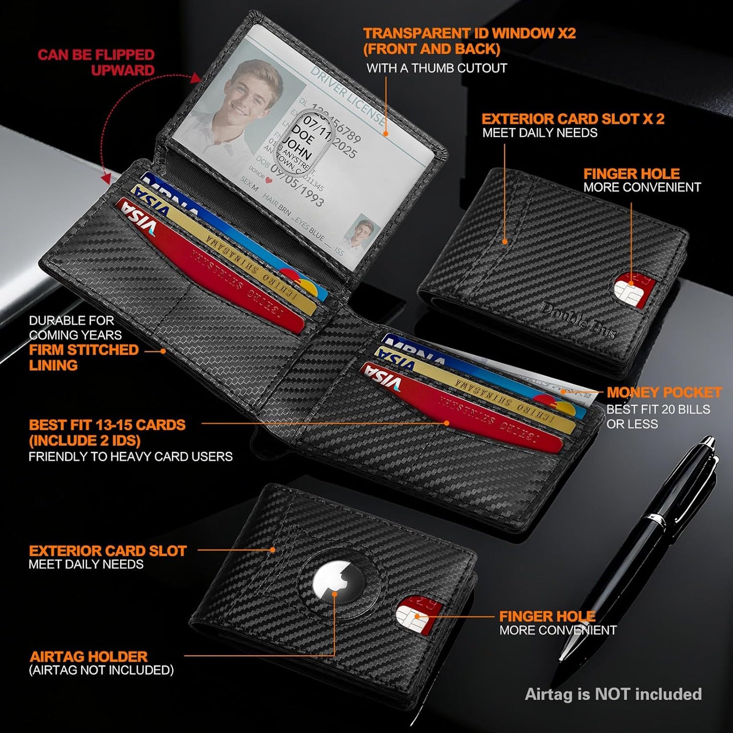 Skiennix Slim RFID Blocking Bifold Wallet - Carbon Fiber Minimalist Design | Compact Front Pocket Holder with 2 ID Windows & Cash Slot