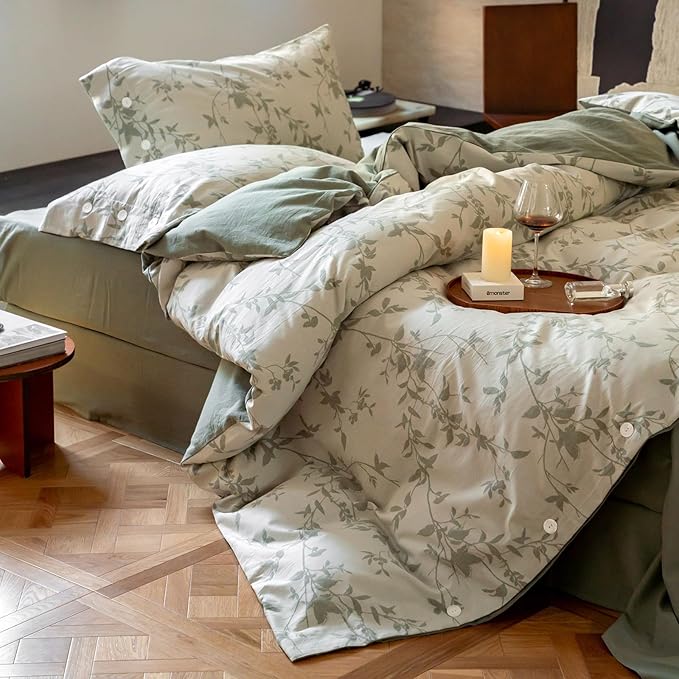 VM VOUGEMARKET Linen Cotton Duvet Cover Queen,3 Pcs Yarn-Dyed Jacquard Textured Duvet Cover with Button Closure Botanical Leaves Bedding Set-90"x90",Sage Green