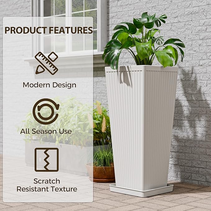 Tapered Tall Planters for Outdoor Plants 2 Pack- 23.6 Inch Square Indoor Flower Pots with Drainage Holes and Partition/Tray Saucers, Large Outdoor Planters for Porch Patio Garden, White