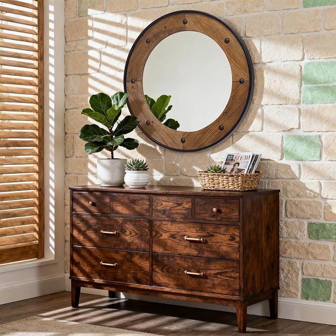 Rustic Round Wall Mirror 24 Inch, Natural Wood Frame with Black Metal Trim, Industrial Farmhouse Style Wall Mirror with Decorative Nailhead Accents for Bathroom, Living Room, or Entryway