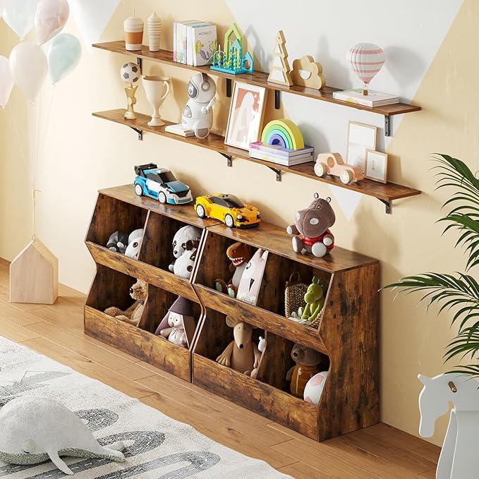 DINZI LVJ Kids Bookshelf, Toy Storage Organizer, Wooden Toy Cabinet, 4 Cubby Children Bookcase, 31.5" L Toddler Book Shelf for Bedroom, Nursery, Hallway, School, Rustic Brown