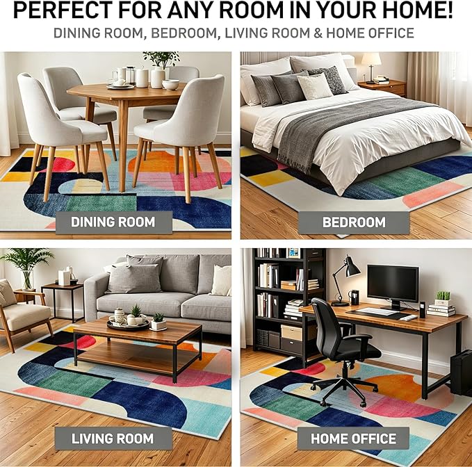 5x7 Colorful Area Rug Modern Abstract Orange Yellow Pink Blue White Beige Black Bedroom Rug Low Pile Thin Large Carpet Living Room Non Slip Dining Room Stain Resistant Office Washable Machine