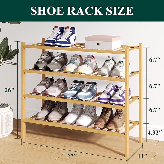 Smiry Bamboo Shoe Rack for Closet, 4 Tier Wooden Stackable Shoe Organizer, Free Standing Shoes Storage Shelf for Entryway, Front Door Entrance, Natural & White