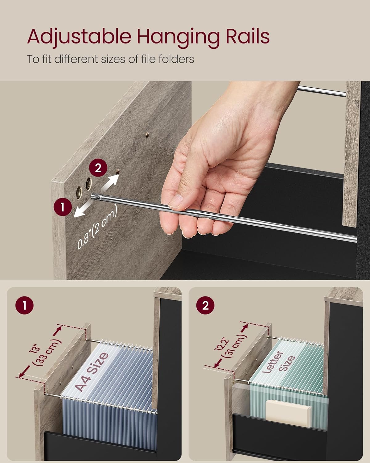 VASAGLE 2-Drawer File Cabinet - Compact Rolling Filing Cabinet for Home Office | A4 & Letter Size, Heather Greige & Ink Black, 15.7 x 16.5 x 27.6 Inches