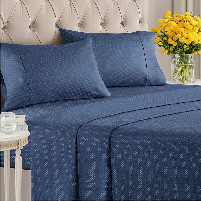 Navy Blue Polka Dots Bed Sheet Set – 1 Flat & 1 Fitted Sheet & 2 Pillowcases w/ Deep Pockets – Polka Dot Bedding - Ultra-Soft, Wrinkle & Fade Resistant - Comfy, Breathable and Cooling - Full Size Set