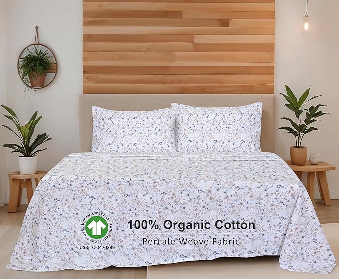 RUVANTI 100% Organic Cotton Sheets King Size, Percale Weave, GOTS Certified, 4-Piece Set, Deep Pocket 15", Crisp & Breathable, Soft Durable Bedding, Sábanas Algodón Orgánico – Tranquil