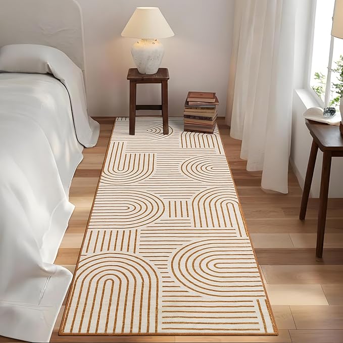 Washable 2x6 Abstract Lines Runner Rug Non Slip Kitchen Rugs Non Shedding Bedside Long Rug Low Pile Soft Entryway Rug Modern Rainbow Runner Rug for Porch Laundry Room Dining Table Under, Orange