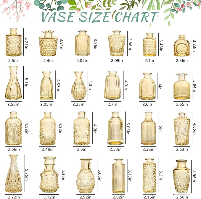 24pcs Glass Bud Vase Set, Small Gold Amber Flower Vases for Centerpieces in Bulk, Mini Vintage Vase for Wedding, Home,Table Decoration