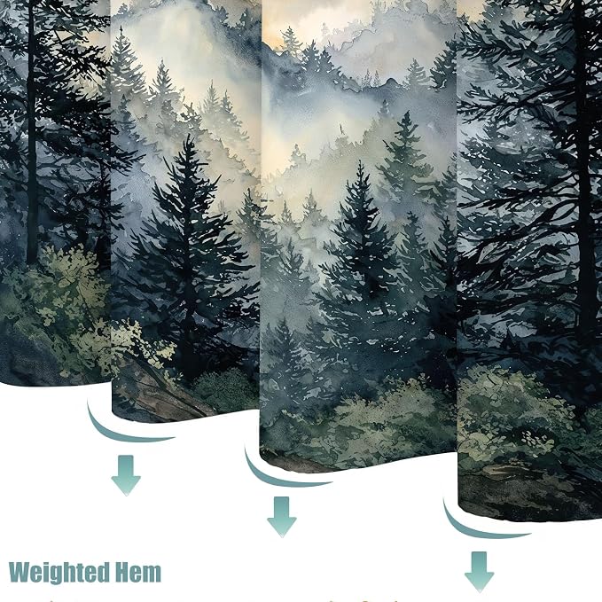 Misty Forest Mountain Shower Curtain, Nature Scenery Watercolor Pine Tree Landscape, Foggy Morning Mountain Peak Aesthetic Bathroom Decor, Waterproof Fabric, 72x72 Inch.