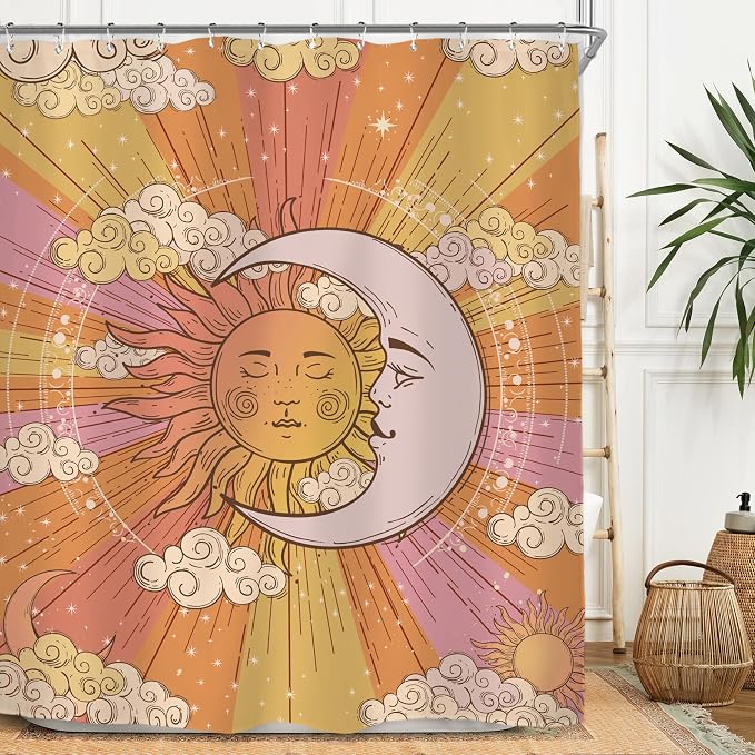 Miyotaa Sun Moon 70s Shower Curtain Set 60Wx71H Inches Celestial Vintage Witchy Abstract Aesthetic Polyester Waterproof Cloth Bathroom Curtain with 12 Hooks