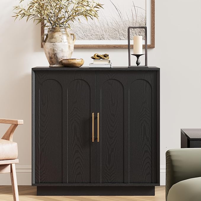 FORTUNETEC Sideboard Buffet Cabinet with Storage, Modern Accent Cabinet with Arched Doors & Shelf, 31.5" Modular Media Console, Minimalist Credenza for Living Room Kitchen Dining Room Entryway, Black