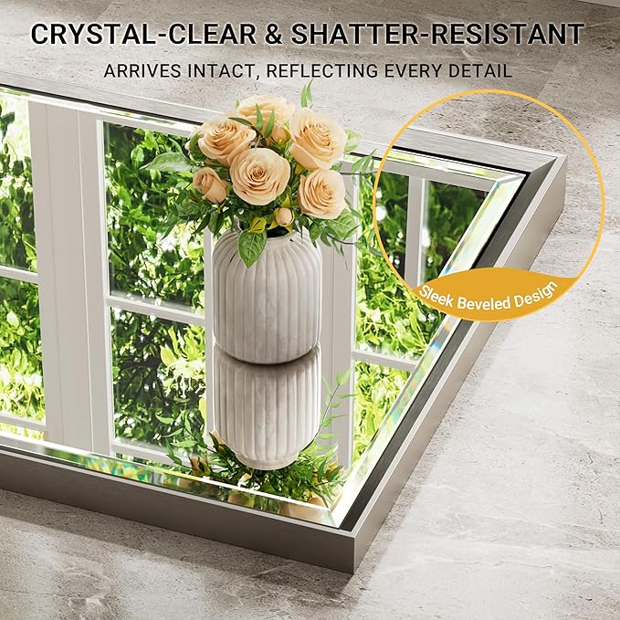 48'' x 36'' Brushed Nickel Framed Beveled Bathroom Mirror, Shatterproof Rectangle Brushed Nickel Frame Mirror, Anti-Rust Vertical/Horizontal Wall-Mounted Mirrors
