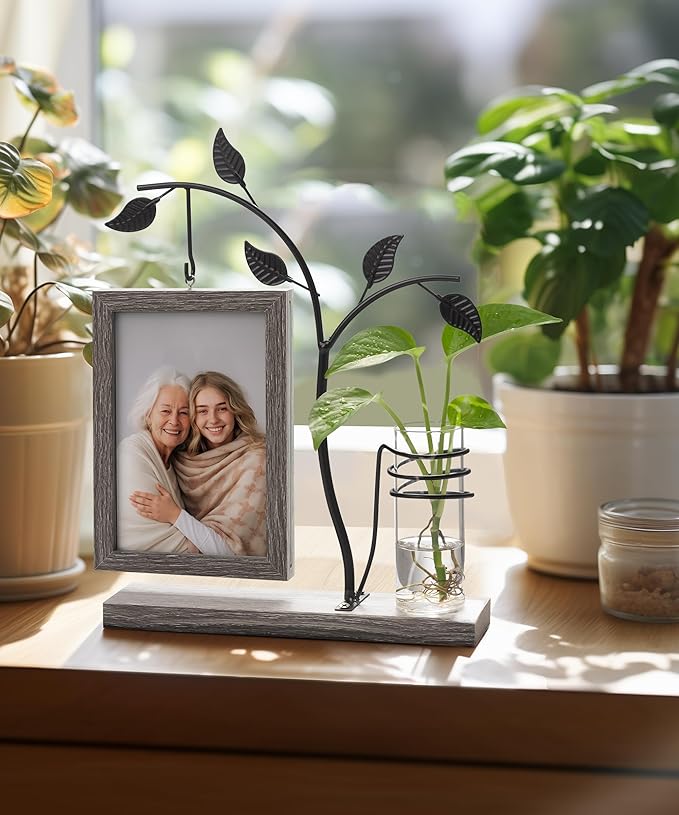 Afuly 4x6 Picture Frame Family Picture Frames with Glass Bud Vase for Plants Flowers, Rustic Floating Frame with Double Glass Tabletop Display Anniversary Wedding Mothers Day Birthday Gifts