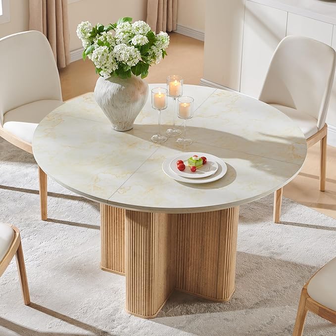 T4TREAM 47" Fluted Round Dining Table for 4-6, Mid-Century Modern Kitchen Table with Thickened Edge & Sturdy Pedestal Base for Kitchen Living Room,Marble & Natural Oak
