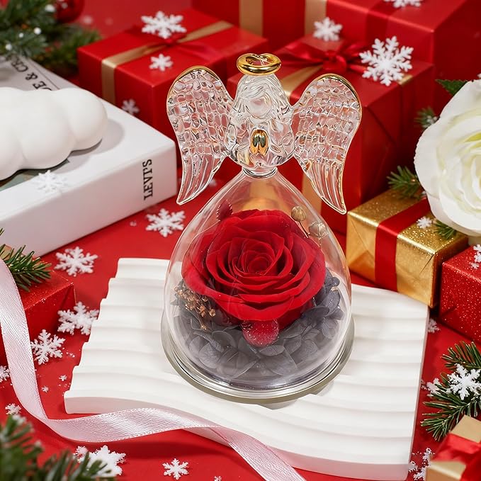 Sunia Preserved Flower Rose Gift for Women - Mother's Day Birthday Gifts for Mom Wife Grandma, Glass Angel Figurines Forever Real Roses Gifts for Her Valentine Day Thanksgiving﻿ (Red)