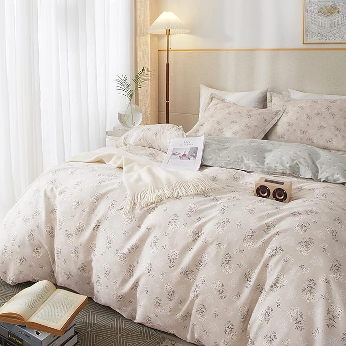HighBuy Boho Floral Duvet Cover Queen Cotton Aesthetic Bedding Set Coquette Comforter Cover Set Reversible Green Garden Lightweight Soft Zipper Closure Breathable Queen Bedding Duvet Cover Set