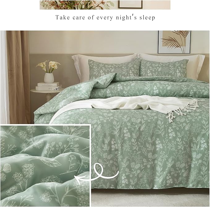 HighBuy Full Size Comforter Set for Girls Cozy Soft Sage Green Full Bedding Comforter Floral Boho Comforter Set 3 Piece Kids Girls Bedding Fluffy Comforter Lightweight with 2 Pillowcases