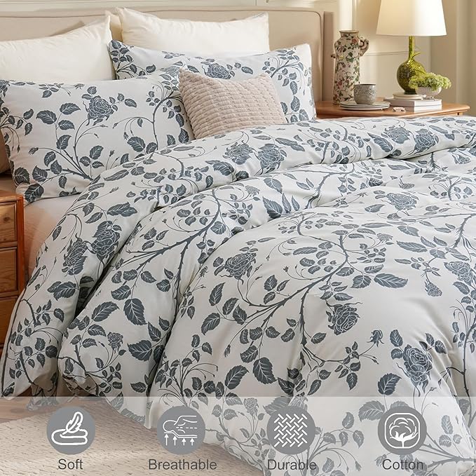 Bedding_Dreamer Comforter Set Queen Size 100% Cotton Comforter Botanical Leaf Comforters Blue Floral Bedding Sets Soft Breathable 3 Pcs