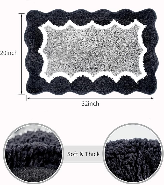 Scalloped Black Bathroom Rugs Mat,Non Slip Absorbent Quick Dry Bath Mats for Shower Room,Plush Microfiber Bath Mats for Bathroom Floor Washable Carpet for Shower Tub Sink Bedroom,20"x32"