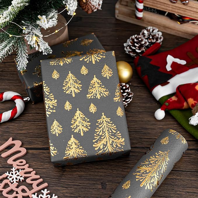 Flyhill Dark Gray Kraft Christmas Wrapping Paper,Lusury Gold 3D Embossed Foil Christmas Trees Design with Woodlands Wrap Paper for Holiday, Party,Celebration, New Year(17 Inch X 32.8 Feet)