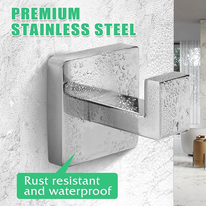 Heavy Duty Stainless Steel Towel Hooks, Wall Mounted Square Robe Hooks for Bathroom, Kitchen, Bedroom, Hotel Chrome Polished 2 Pack