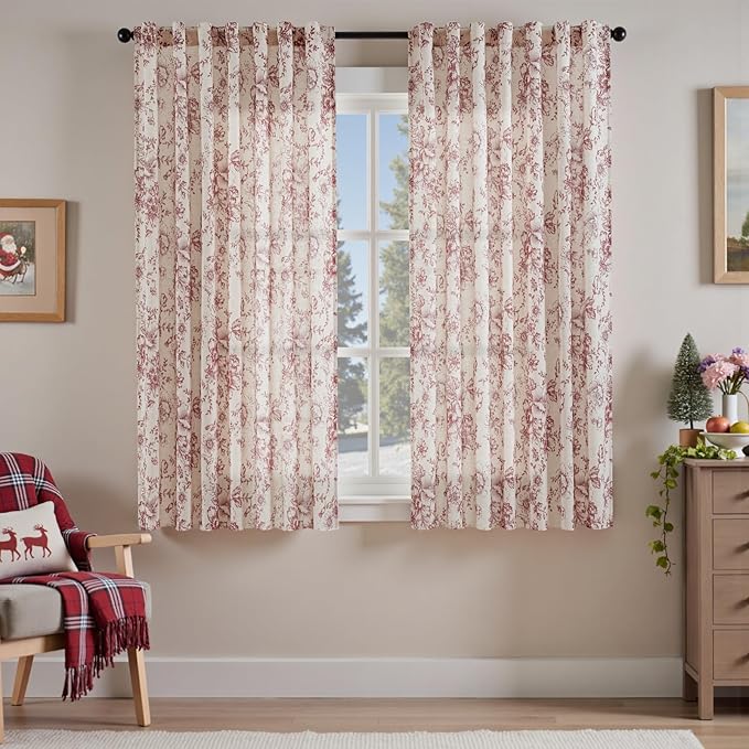 jinchan Linen Blend Curtain Floral Curtains for Living Room 63 Inch Length Christmas Brick Red Printed Curtain Back Tab Farmhouse Peony Flower Patterned Drapes Bedroom Window Curtains Set 2 Panels