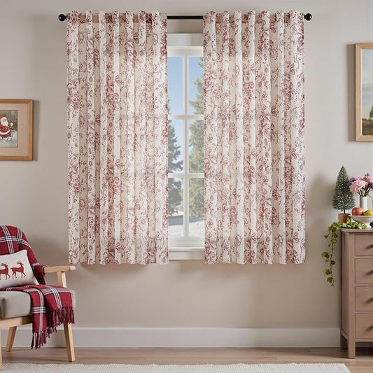 jinchan Linen Blend Curtain Floral Curtains for Living Room 63 Inch Length Christmas Brick Red Printed Curtain Back Tab Farmhouse Peony Flower Patterned Drapes Bedroom Window Curtains Set 2 Panels