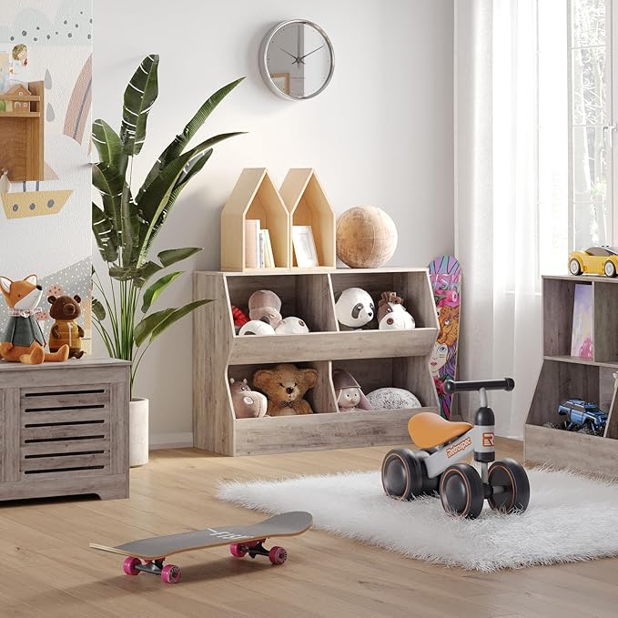 DINZI LVJ Kids Bookshelf, Toy Storage Organizer, Wooden Toy Storage Cabinet, 4 Cubby Children Bookcase, 43.3" L Toddler Book Shelf for Bedroom, Nursery, Hallway, School, Greige