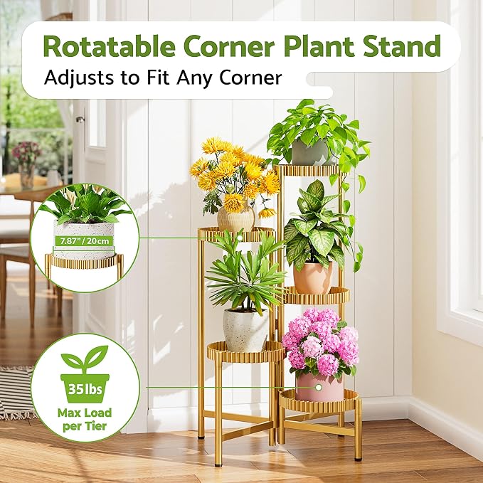 5 Tier Large Plant Stand Indoor, 7.9 Inch Wide Tall Corner Metal Plant Stands Outdoor for Multiple Plants, Foldable Tiered Flower Display Holder Rack Shelf for Patio Porch Balcony -GoldFloroma