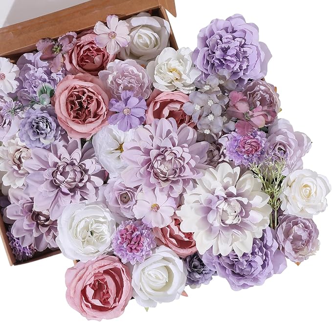 Floweroyal 2 Layers Artificial Flowers Combo Purple Flowers Mix Silk Flowers Dahlia Roses with Stems for Wedding Bridal Bouquets, Baby Shower, Floral Arrangement, Table Centerpieces