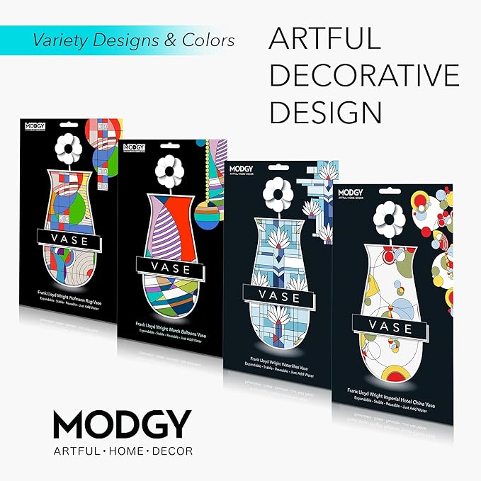 MODGY Expandable Flower Vase Set, Plastic Decorative Modern Foldable Printed Vases for Centerpieces for Wedding, Dining Table, Home Decor, Living Room, Bathroom, Office, Frank Lloyd Wright, 4 Pack