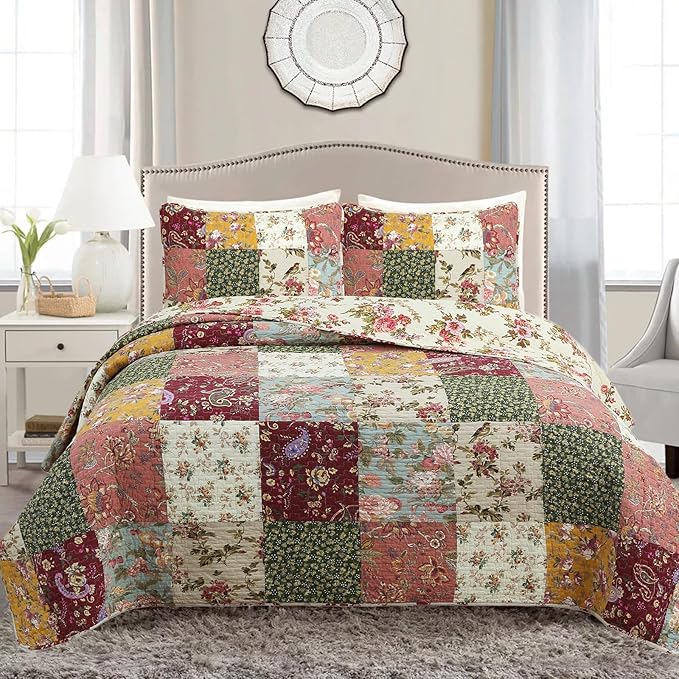 Cozy Line Home Fashions 100% Cotton Authentic Patchwork Quilt Bedding Set, Floral Vintage Antique Chic Reversible Coverlet Bedspread (Harvest, Queen - 3 Piece)
