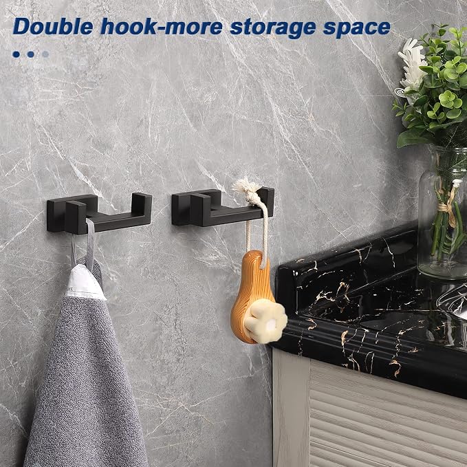 NearMoon Bath Double Towel Hook- SUS304 Stainless Steel Square Robe Towel Holder, Heavy Duty Rustproof Double Coat Hook for Bathroom Livingroom Kitchen Wall Mounted, 2 Pack (Matte Black)