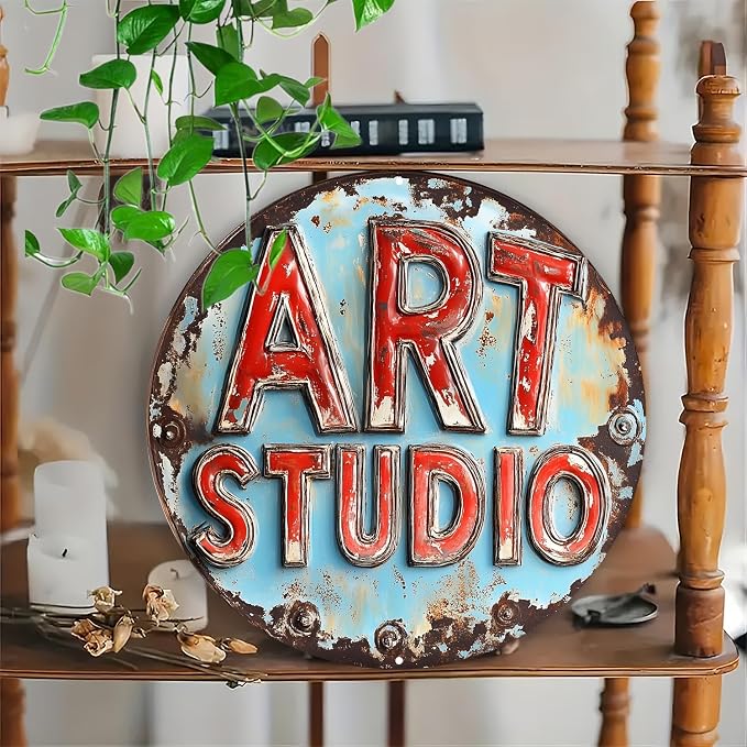 Room Decor 1pc Vintage Art Studio Metal Sign, Frameless Aluminum Wall Decor, 8x8 inches, Waterproof & Weather Resistant, with Pre-Drilled Holes for Easy Mounting, Living Room, Garage