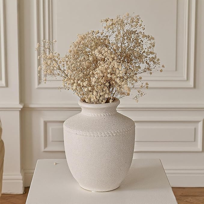 Farmhouse Ceramic Vase for Living Room Bedroom Antique White 7.45'' Flower Bouquet Vase for Fake Plant Home Decor Office Fireplace Centerpieces Rustic Retro Vintage Modern Gift Decoration