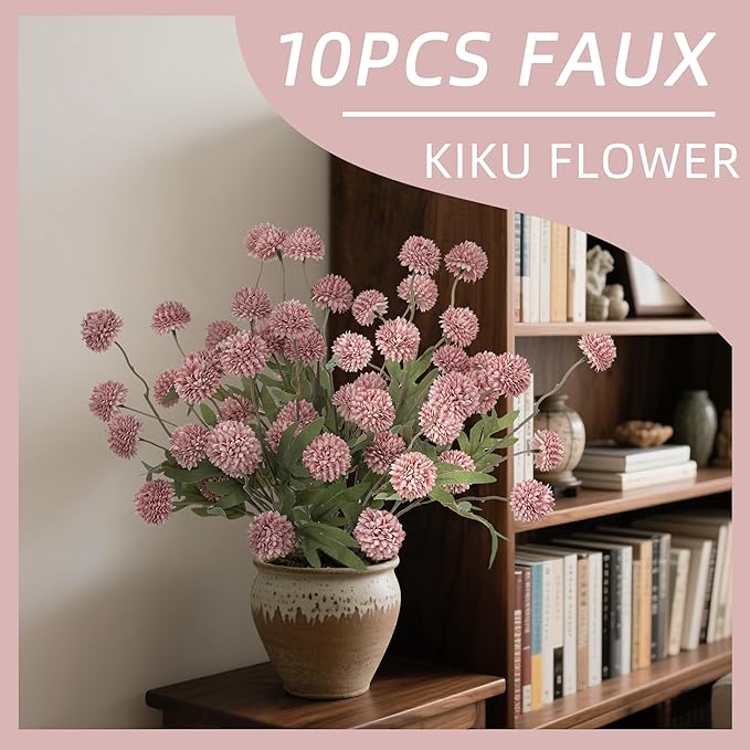 Fake Flowers 20.5In 10PCS Artificial Chrysanthemum Faux Mums Faux Flowers for Vase Fall Long Stems Flower Silk Flower for Indoor Home Decoration Kitchen Office Wedding Decoration (Red),No Vase