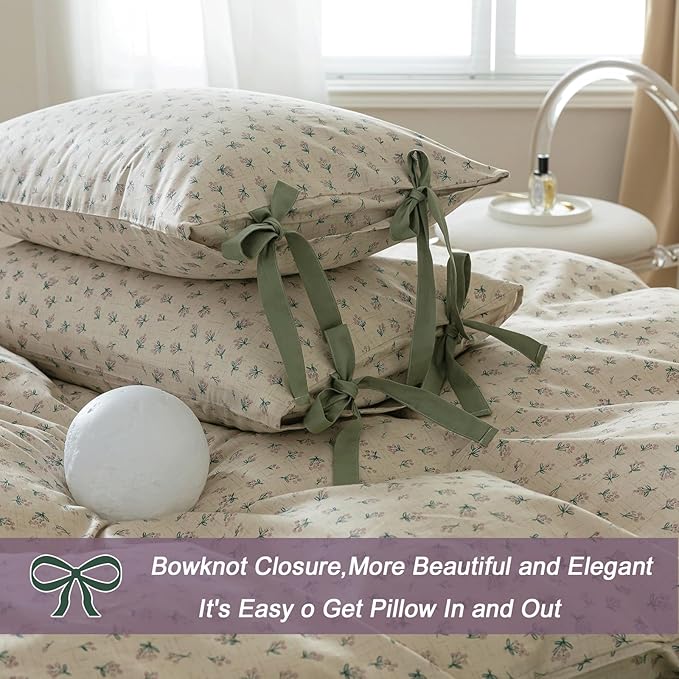 VM VOUGEMARKET Duvet Cover Set Twin 100% Cotton 3 Pcs Girls Green Floral Comforter Cover with Zipper Closure,Cottagecore Style Duvet Cover + 2 Pillowcases with Bowknot-68x86 Inch