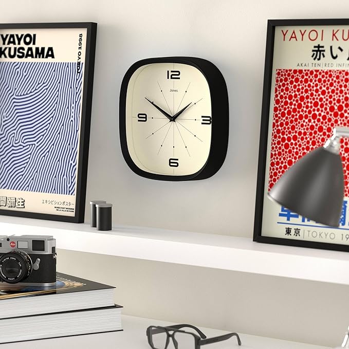 JONES CLOCKS® Pulsar wall Clock | Square Rounded Retro Clock | 10 inch | Black | Cool Designer Look for Kitchen, Living Room or Office