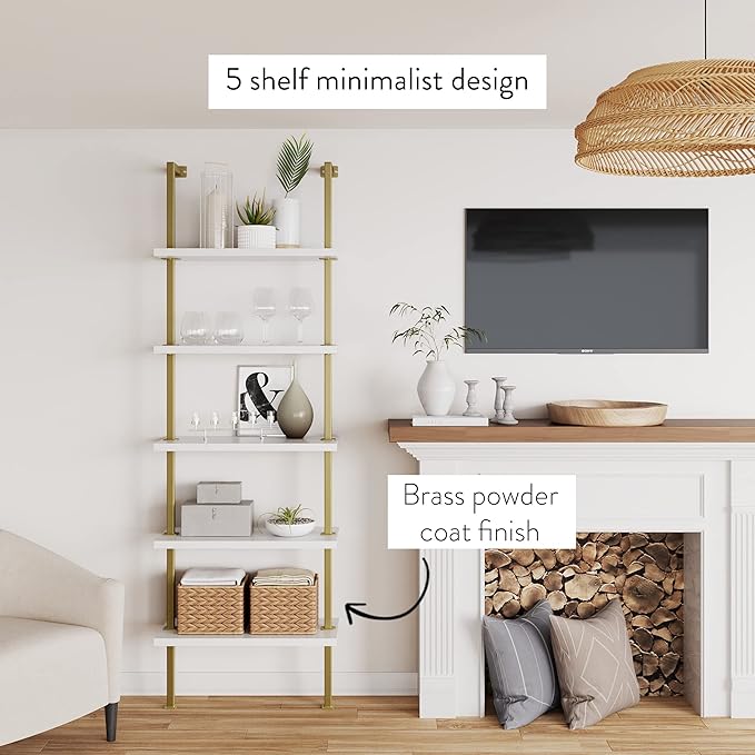 Nathan James Theo 5-Shelf Gold, Ladder Bookcase with Gold/Brass Metal Frame, White, Set of 4