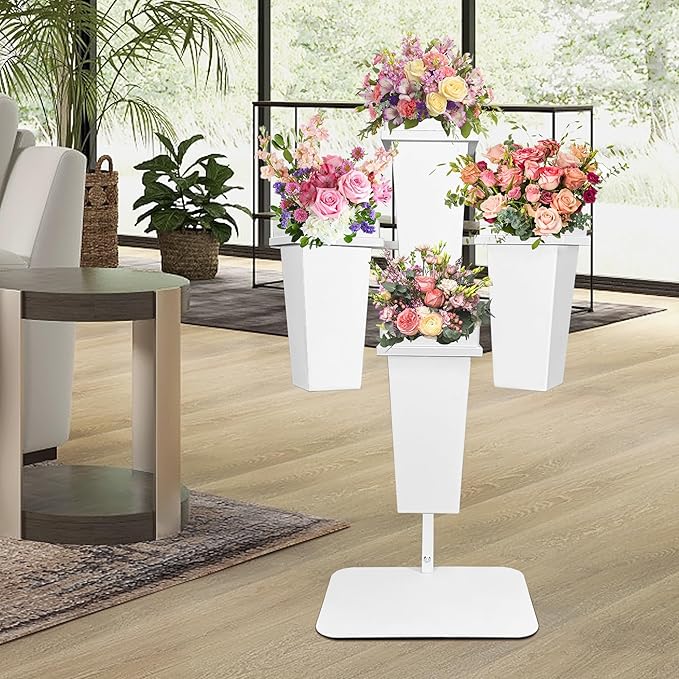 PROLEE Flower Display Stand with Buckets, Wedding Flower Cart Display Stand with Wheels,Flower Stand for Wedding Party, Events and Garden Decor (White)