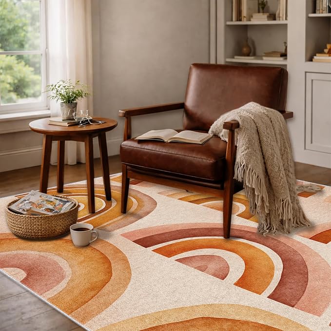 Retro Arcs Area Rug 6x8, Minimalist Arch Pattern Rug, Modern Retro Neutral Carpet for Living Room Bedroom, Non Slip Washable Rug