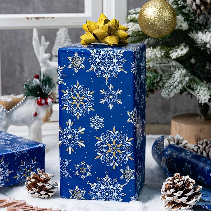 MAYPLUSS Christmas Wrapping Paper Roll - 17 Inch X 33 Feet - Navy Blue Christmas Snowflake Reversible Gold Reindeer Gift Wrapping Paper, Thick Wrap Paper for Holiday Party New Year Kids