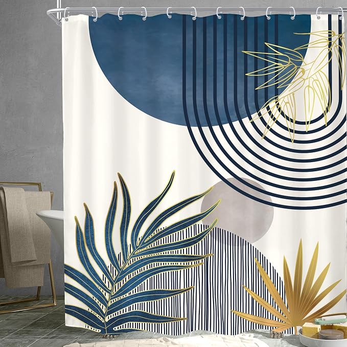 KOMLLEX Mid Century Boho Shower Curtain for Bathroom Decor 72Wx84H Inches Extra Long Navy Blue Gray Abstract Modern Sun Minimalist Leaves Neutral Fabric Waterproof Polyester 12 Pack Hooks Pack Hooks