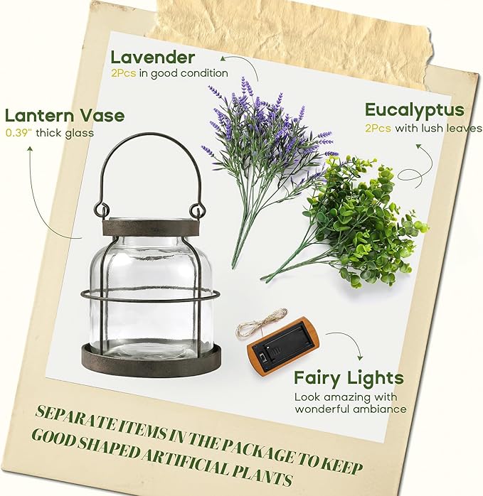 Vintage Farmhouse Lantern Decor LED Lighted Vase, Rustic Glass Vase with Artificial Flowers 4pcs Lavenders & Eucalyptus, Farmhouse Table Centerpiece for Floral Arrangements-Hidden Switch Lid
